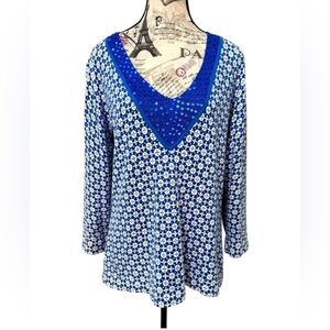 Peck & Peck Chic Blue Graphic 3/4 Sleeve Blue Sequenced Neckline Top Size XL